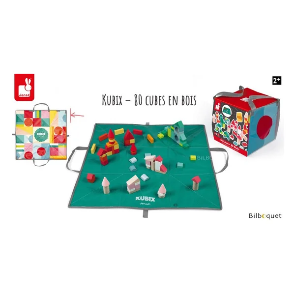 Kubix, 80 cubes en bois avec tapis de jeu