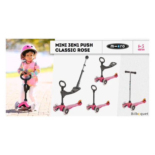 Mini Micro 3-en-1 Push Classique Rose - trottinette et porteur