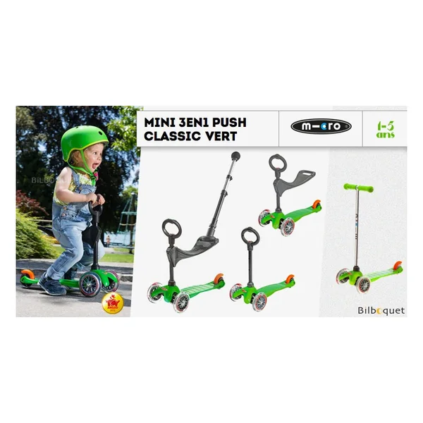 Mini Micro 3-en-1 Push Classique Verte - trottinette et porteur