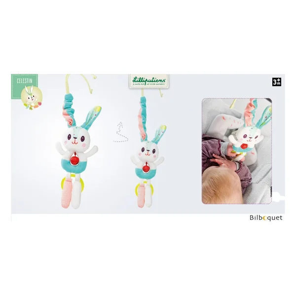 Petit lapin Célestin clochette à suspendre avec anneau de dentition