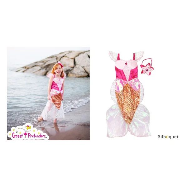 Robe et serre-tête Sirène, fushia/or - 5/6 ans