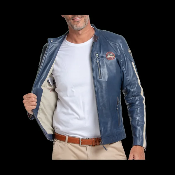 Veste Cuir Steve McQueen 24H Du Mans Scott Bleu - Homme
