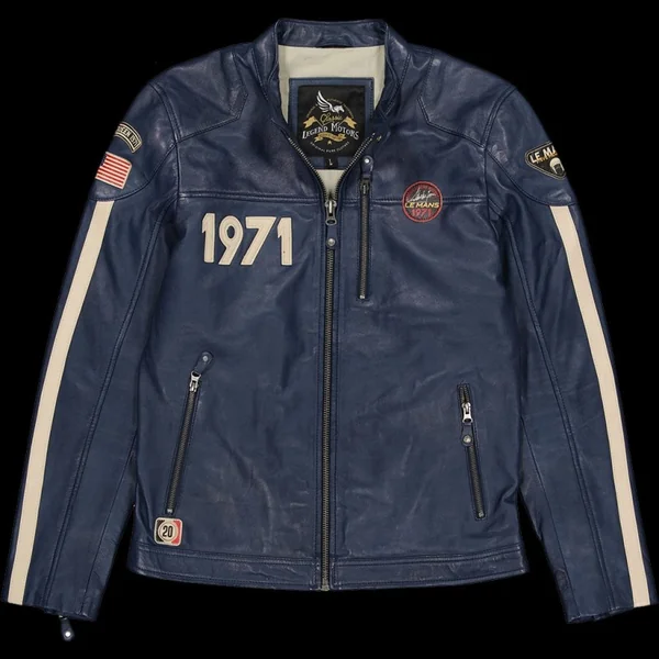 Veste Cuir Steve McQueen 24H Du Mans Scott Bleu - Homme