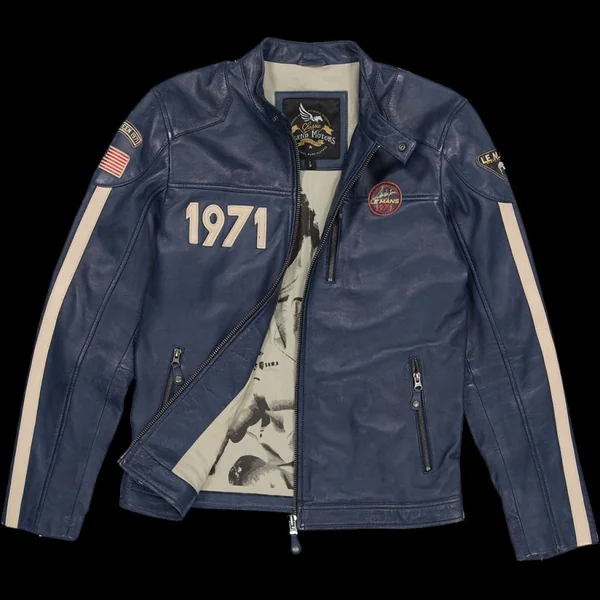 Veste Cuir Steve McQueen 24H Du Mans Scott Bleu - Homme
